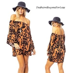 Fleur-De-Lis Off Shoulder Bell Sleeve Tunic Top